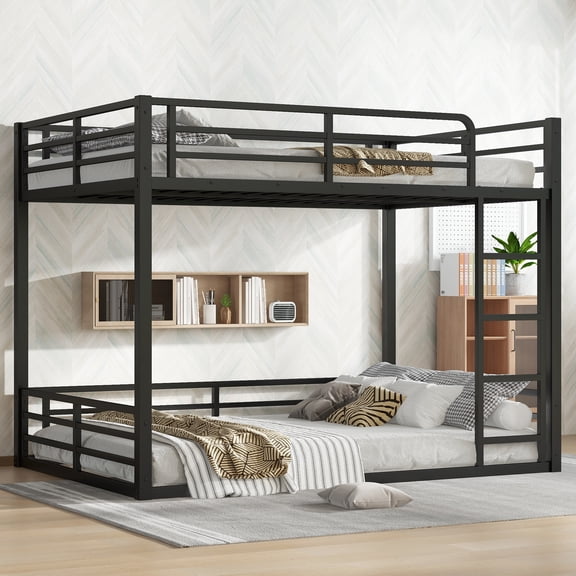 Full XL over Full XL Floor Metal Bunk Bed with Stairs, Safety Rails and Noise-Reduced Design