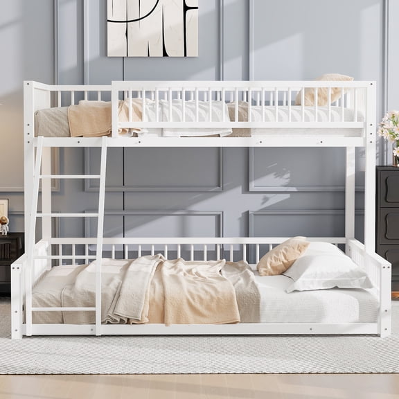 Full XL over Queen Bunk Bed Frame with Ladder and Safety Guardrails, Heavy-Duty Metal, Detachable Design, No Box Spring Needed, White