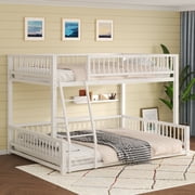 Full XL over Queen Bunk Bed, Heavy Duty Bunk Beds for Adults and Kids,Floor Bed Frame with Ladder and Safety Guardrails, Easy Assemble,White