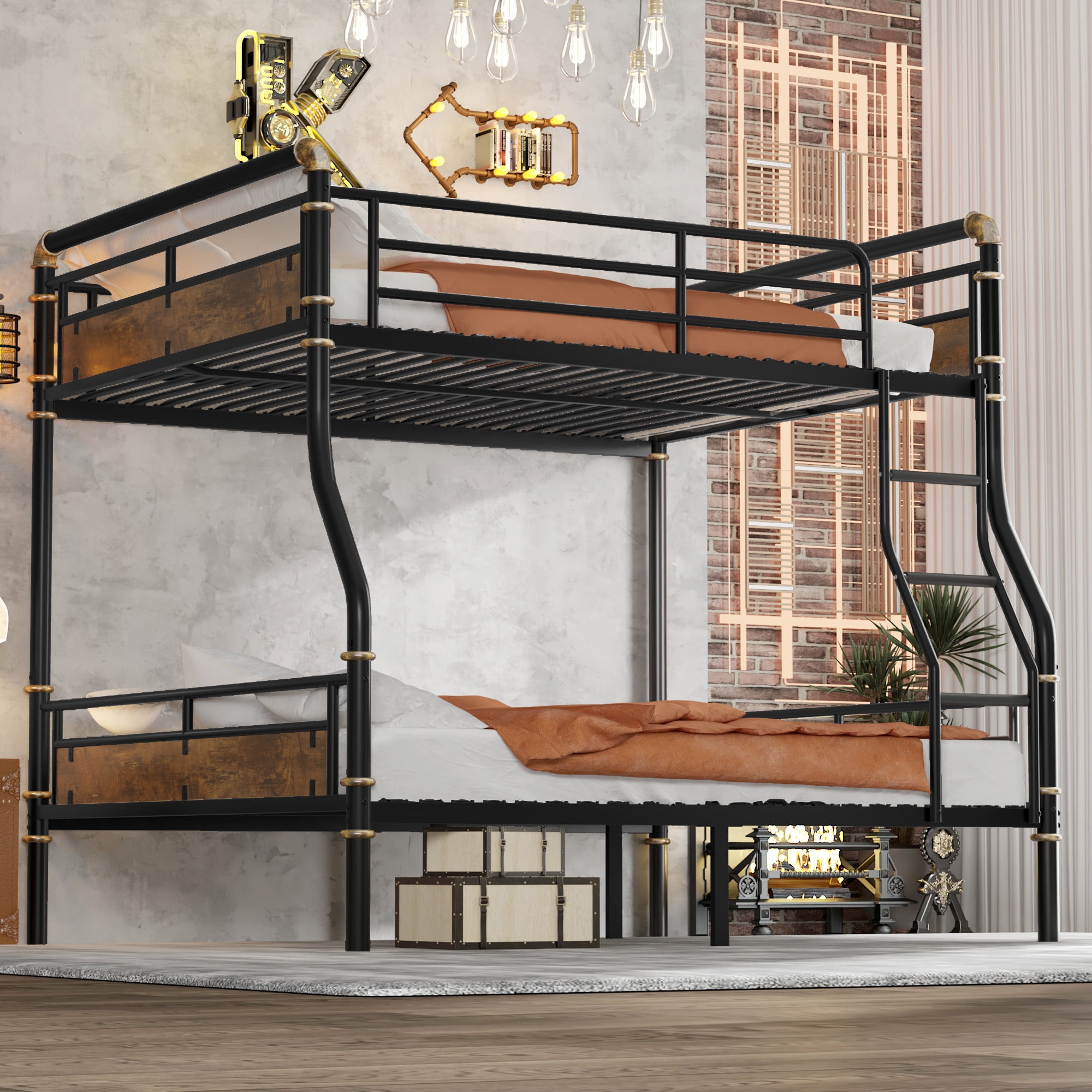 Full XL over Queen Bunk Bed,Heavy Duty Metal Bed Frame with Safety Guard Rails for Kids Teens, Black