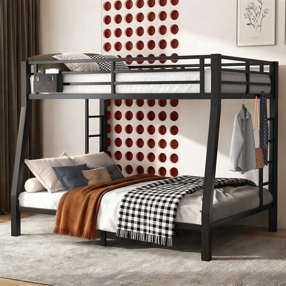 Full XL over Queen Bunk Bed, Heavy Duty Metal Bunk Bed Frame with Storage Bag, 4 Removable Hooks, Guardrails, Ladders, Underbed Storage, Black
