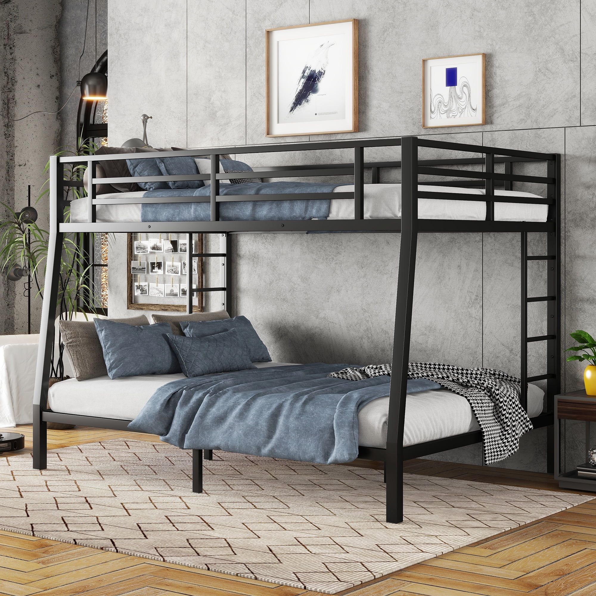 Full XL over Queen Bunk Bed,Heavy Duty Metal Bunk Bed with 2 Side Ladders,Space-Saving/Noise Reduced/No Box Spring Needed,Black