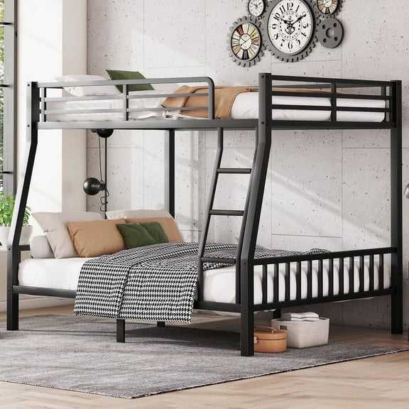 Full XL over Queen Bunk Bed, Heavy Duty Metal Bunk Bed with Safety Guardrail & PVC-covered Ladder for Adults, Teens and Kids (Black)