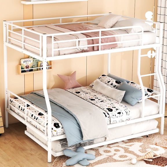 Full XL over Queen Bunk Bed, White Iron Material / Split Beds, Convenient for Changing Needs