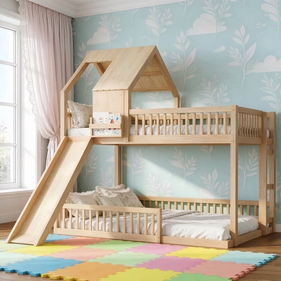 Full XL over Queen Floor House Bunk Bed with Slide & Built in Ladder, Kids/Teens Wood Bed Frame with Bedside Small Bookshelf