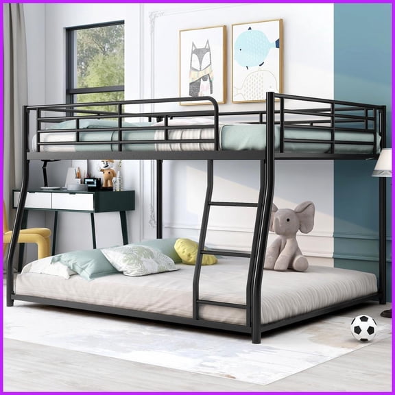 Full XL over Queen Metal Bunk Bed - No Box Spring, Space-Saving, Black for Guest/Second Bedroom