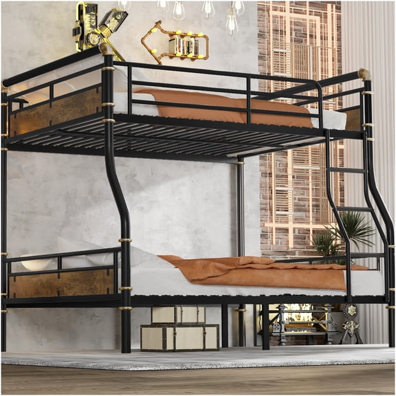 Full XL over Queen Metal Bunk Bed with Guard Rails & Ladder, Space Saving Detachable Bunkbeds for Dorms, Guest Rooms, Black