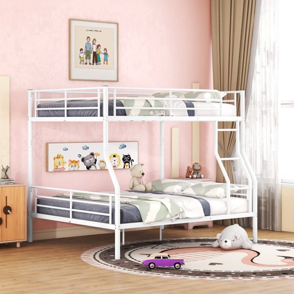 Full XL over Queen White Bunk Bed / Sturdy and Durable for Long-term Use