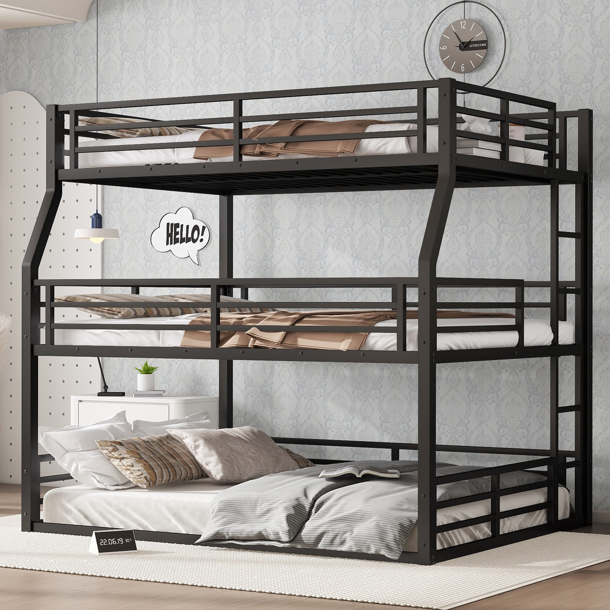 Full XL over Queen over Queen Bunk Bed for Kids, Triple Bunk Beds for 3, Space-Saving, Black