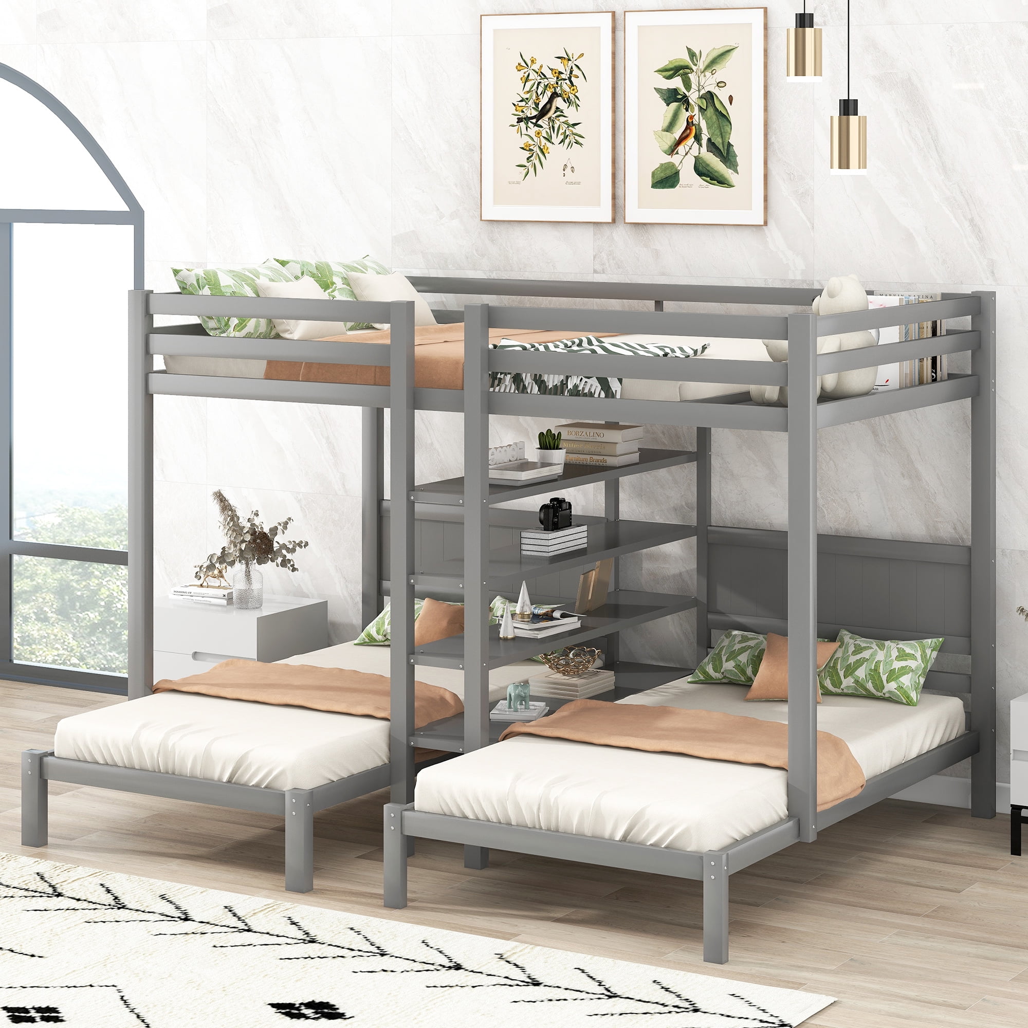 Full XL over Twin&Twin Bunk Bed with Built-in Four Shelves and Ladder ...