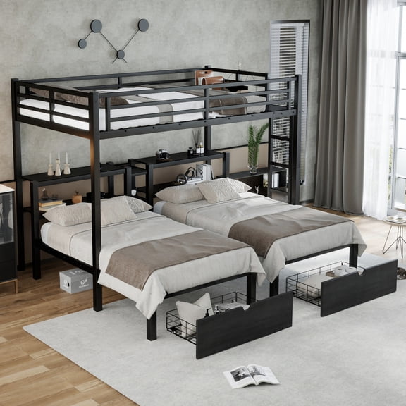 Full XL over Twin & Twin Metal Triple Bunk Bed - Drawers, Headboard Shelving & USB Multi-functional Space-Saving Bed Frame ,Black