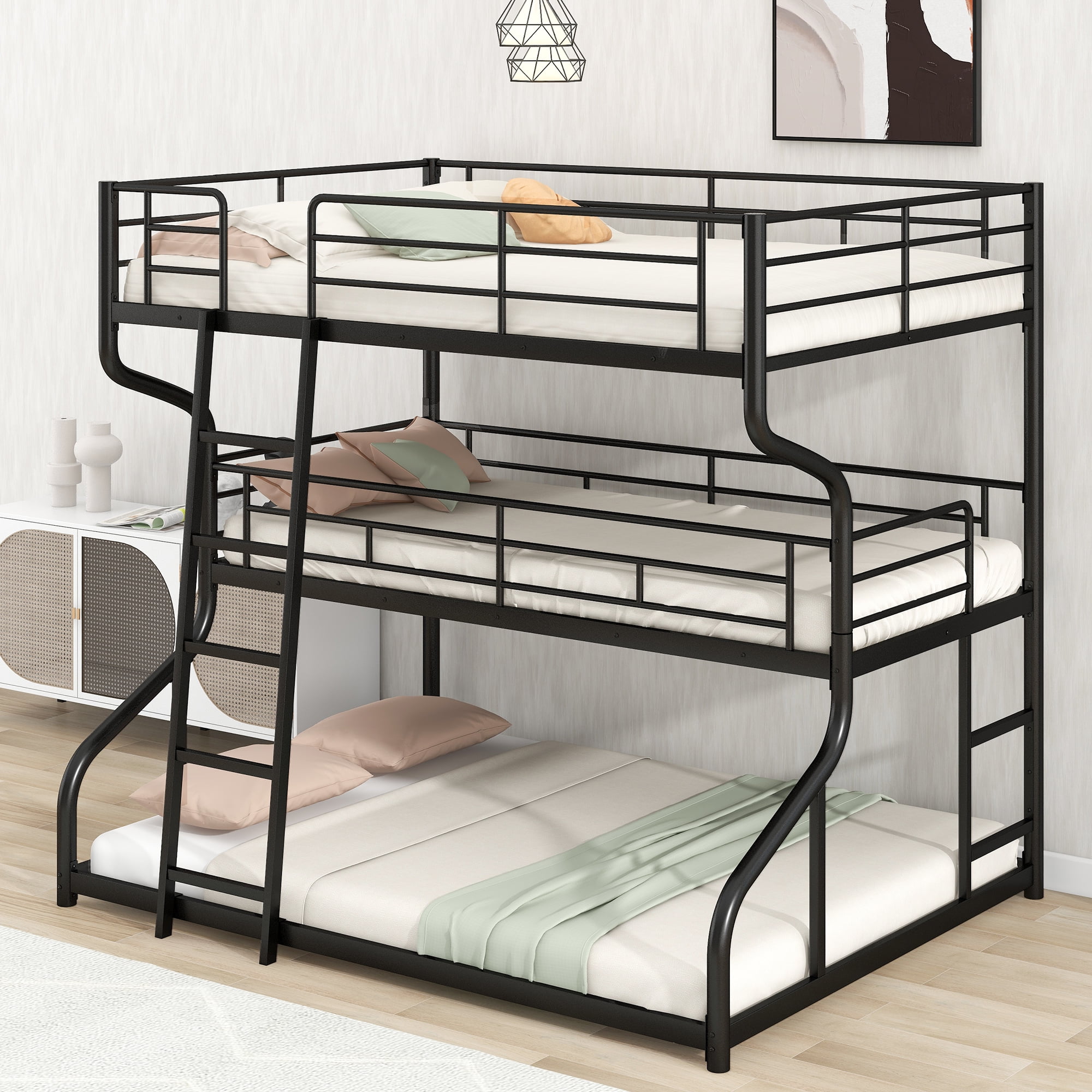Full XL over Twin XL over Queen Size Triple Bunk Bed,Heavy Duty Metal Triple Bed for Kids,Black