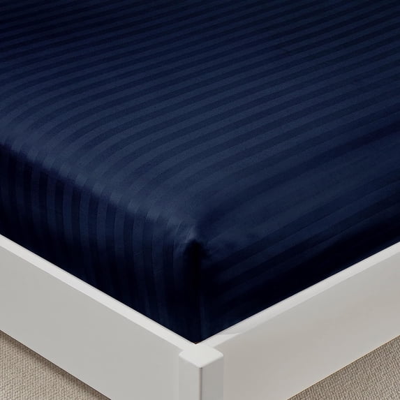 Full-XXL Size 1 Piece Fitted Sheet Only - 8" Deep Pocket - 400 Thread Count - 100% Egyptian Cotton - Luxury Striped Pattern - Navy Blue Stripe.