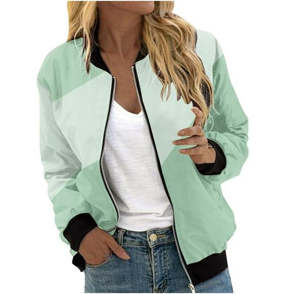 Full Zip Bomber Jacket Womens Fall Casual Coat with Pockets Graphic Print Lightweight Long Sleeve Moto Outwear (2XL, Green 02)