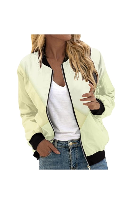 Full Zip Bomber Jacket Womens Fall Casual Coat with Pockets Graphic Print Lightweight Long Sleeve Moto Outwear (L, Yellow 01)