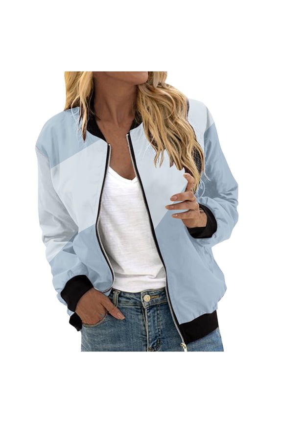 Full Zip Bomber Jacket Womens Fall Casual Coat with Pockets Graphic Print Lightweight Long Sleeve Moto Outwear (M, Light Blue 01)