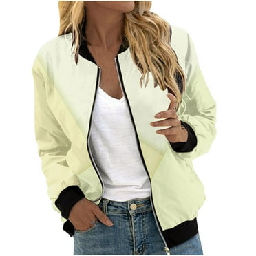 Full Zip Bomber Jacket Womens Fall Casual Coat with Pockets Graphic Print Lightweight Long Sleeve Moto Outwear (XL, Yellow 01)