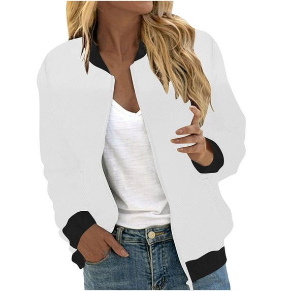 Full Zip Bomber Jackets with Pockets Womens Textured Trendy Casual Zipper Coat Fall Spring Hoodless Outerwear (L, White)