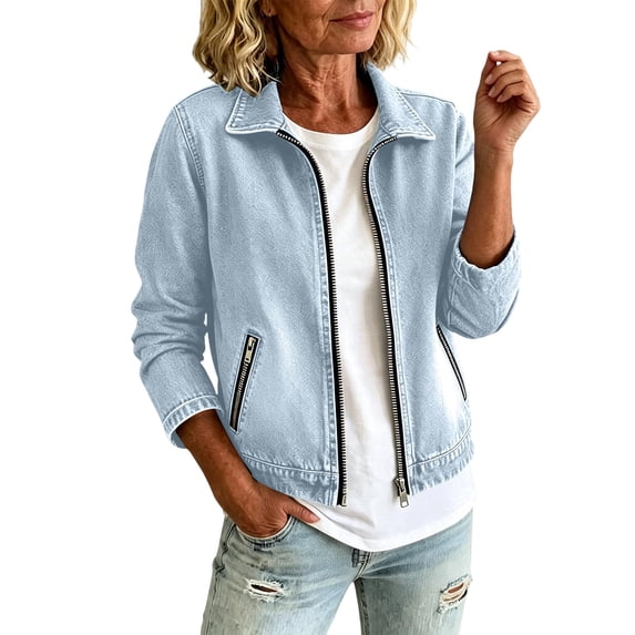 Full Zip Collared Soft Stretch Cropped Jean Jacket for Women Lightweight Outerwear with Zipper Side Pockets Light Blue XL