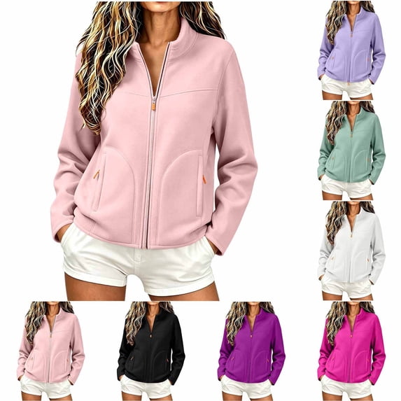 Full Zip Fleece Jacket for Women's Long Sleeve Solid Color High Neck Jacket Winter Warm Coat Women's Soft Fleece Jacket with Pockets