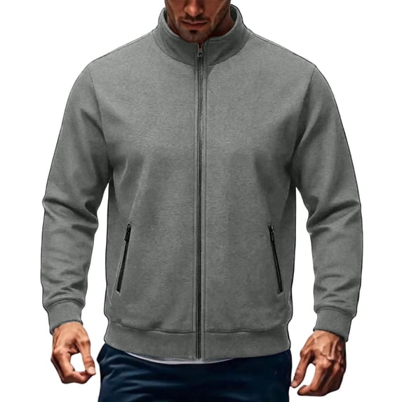 Full Zip Fleece Jackets for Men, Stand Neck Long Sleeve Sweatshirt Jackets, Loose No Hood Fall Outerwear with Pockets
