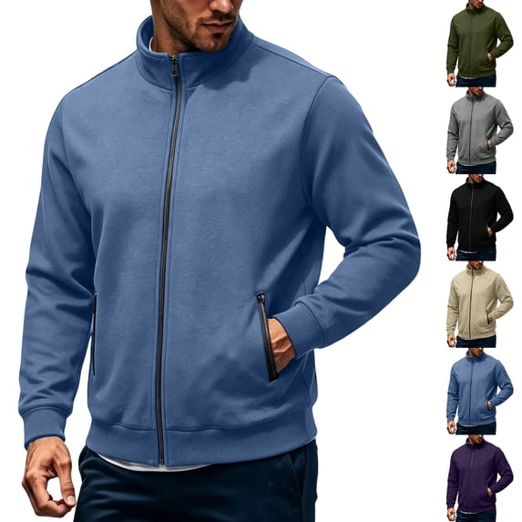 Full Zip Fleece Jackets for Men, Stand Neck Long Sleeve Sweatshirt Jackets, Loose No Hood Fall Outerwear with Pockets