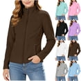 thumbnail image 1 of Full-Zip Fleece Jackets for Women No Hood, Long Sleeve Stand Up Collar Winter Casual Fuzzy Coat with Pockets (XL, Brown), 1 of 8