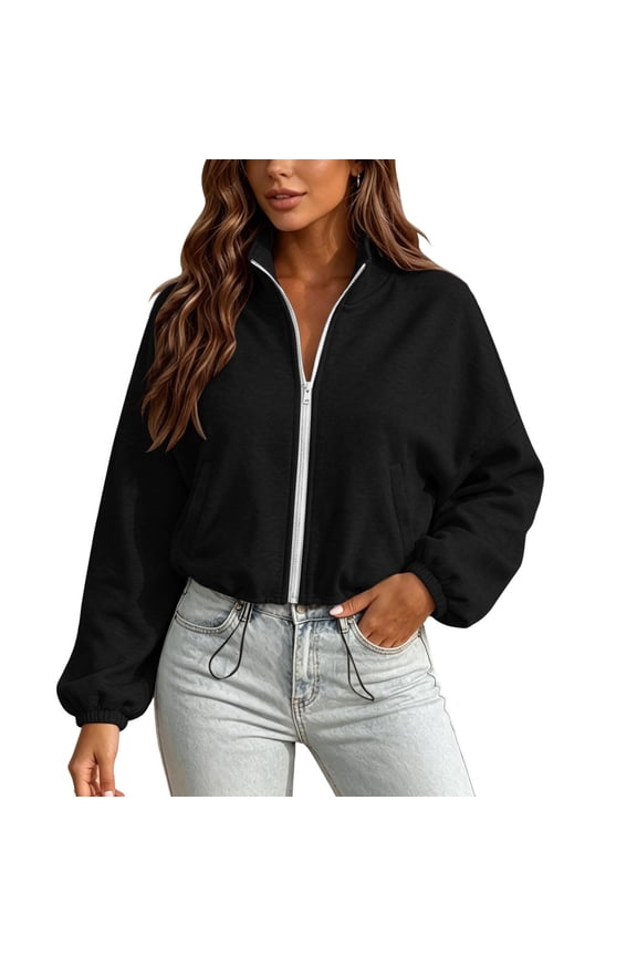 Full Zip Hooded Cropped Sweatshirts Women Winter Casual Stand Collar Front Zipper Fleece Jackets Drawstring Waist Hoodies with Pockets Black M