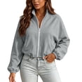 thumbnail image 1 of Full Zip Hooded Cropped Sweatshirts Women Winter Casual Stand Collar Front Zipper Fleece Jackets Drawstring Waist Hoodies with Pockets Gray Xxl, 1 of 9