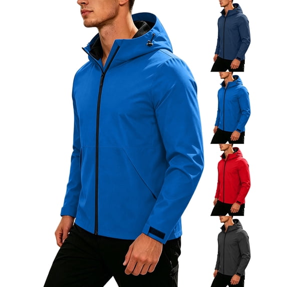 Full Zip Hooded Jacket for Men,Lightweight Windproof Waterproof Outdoor Casual Rain Coat with Front Pockets and Adjustable Cuffs