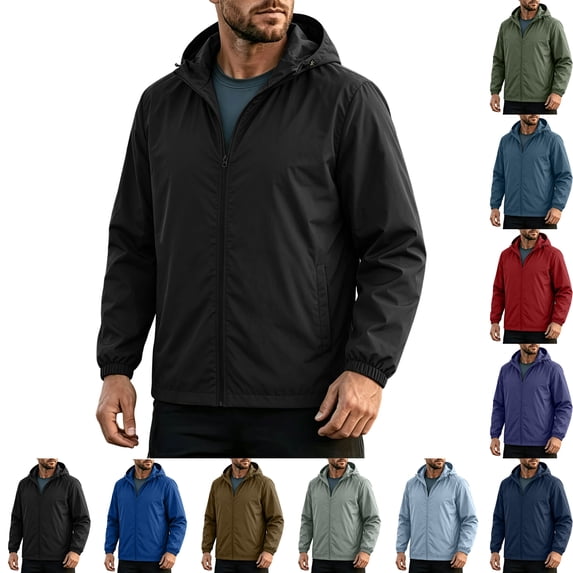 Full Zip Hooded Jackets for Men,Lightweight Windproof Waterproof Casual Outdoor Rain Coat With Elastic Cuffs,Hiking,Cycling,Running, Fishing