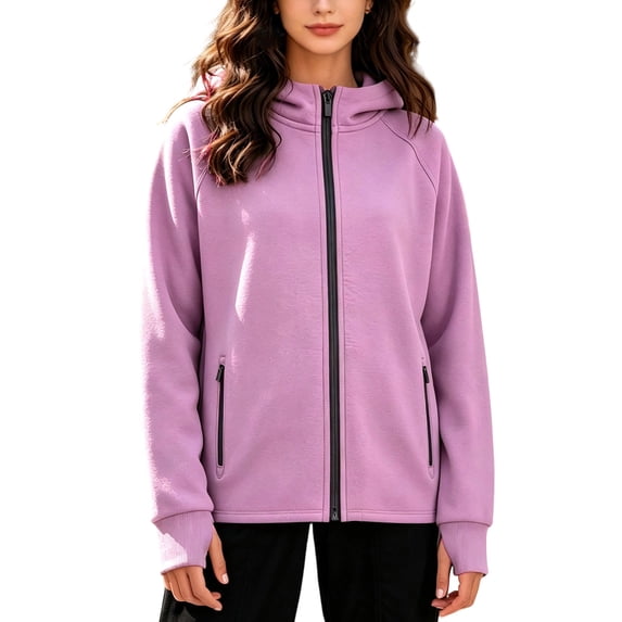 Full Zip Hooded Jackets for Women Front Zipper Hoodies with Thumb Holes Zipper Pockets Fall Casual Solid Color Long Sleeve Sweatshirt with Hood, XXL