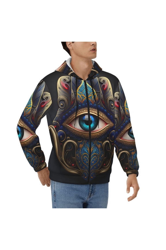 Full Zip Hooded Sweatshirt Pullover Hoodies for Men, Fatima Hamsa Hand Evil Eye Ornaments