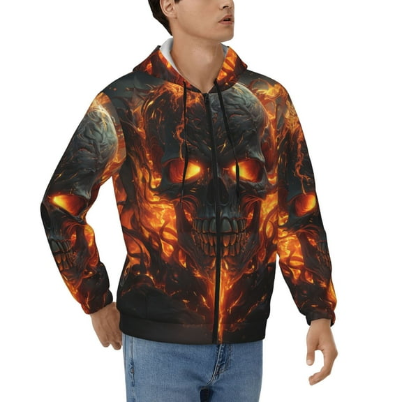 Full Zip Hooded Sweatshirt Pullover Hoodies for Men, Fire Skull Gothic Cool