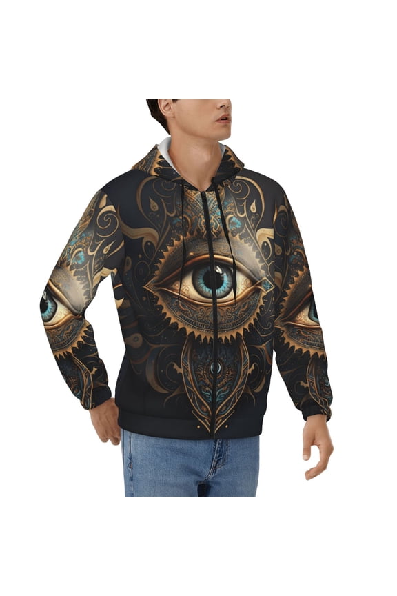 Full Zip Hooded Sweatshirt Pullover Hoodies for Men, Illuminati Fatima Hamsa All Seeing Eye Art