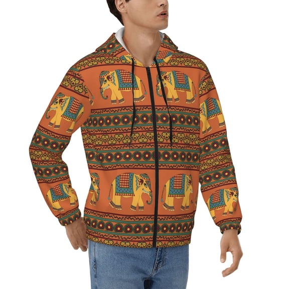 Full Zip Hooded Sweatshirt Pullover Hoodies for Men, Indian Traditional Elephant Ethnic