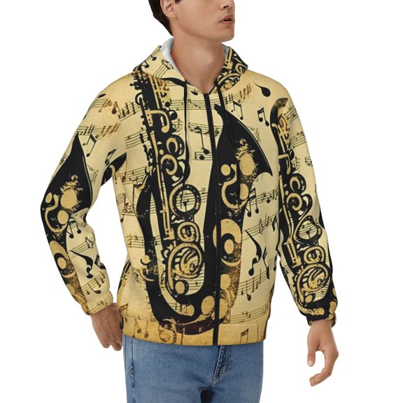 Full Zip Hooded Sweatshirt Pullover Hoodies for Men, Music Notes Saxophone Musical Vintage
