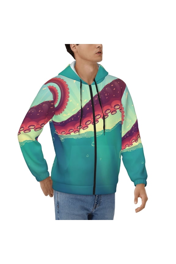 Full Zip Hooded Sweatshirt Pullover Hoodies for Men, Red Octopus Tentacles Sea Water