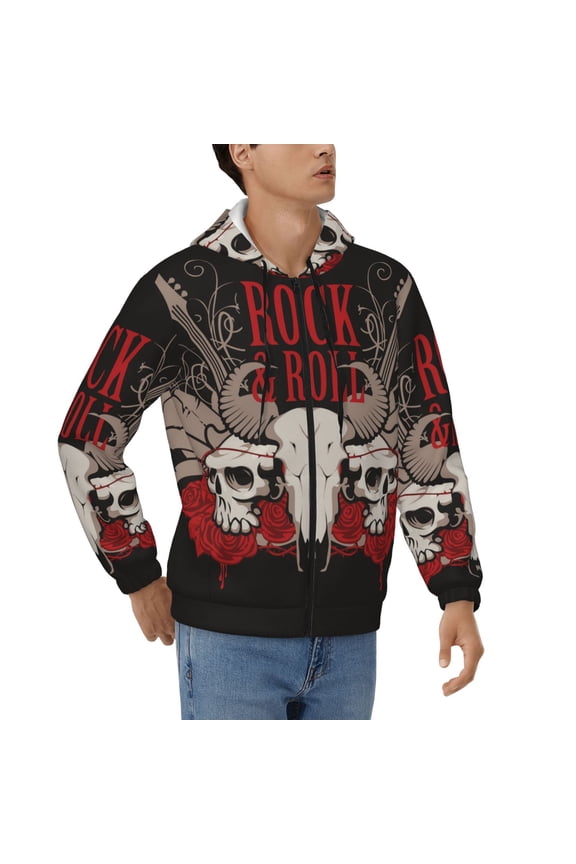 Full Zip Hooded Sweatshirt Pullover Hoodies for Men, Rock And Roll Guitar Skull Roses