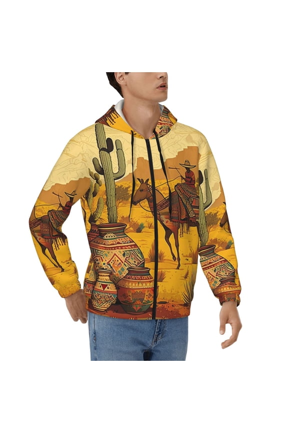 Full Zip Hooded Sweatshirt Pullover Hoodies for Men, Southwestern Ethnic Native Cactus Horse