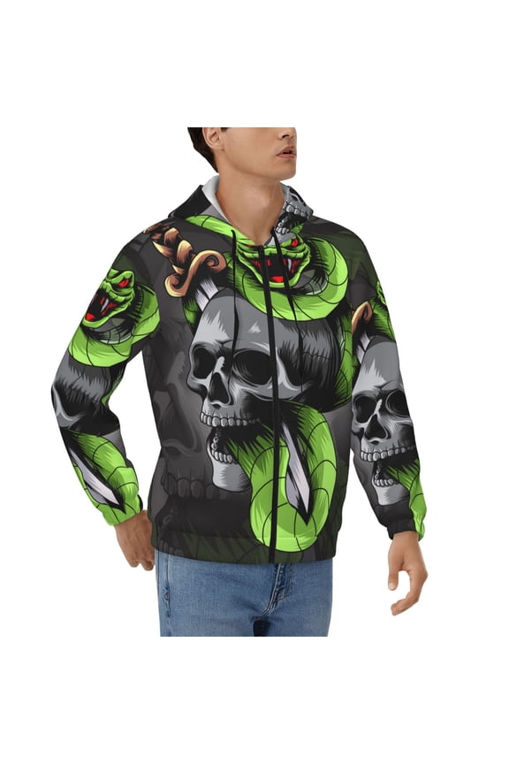 Full Zip Hooded Sweatshirt Pullover Hoodies for Men, Sword Pierced Skull With Snake