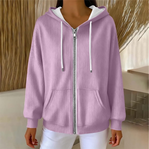 Full Zip up Hoodie for Women Oversized Long Sleeve Sweatshirts Fall Outfits Casual Fashion Jackets with Pocket New Women's Oversized Casual Jackets Purple M
