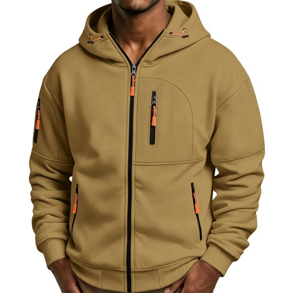 Full Zip Hoodies for Men Tactical Full Zip Pullover Cargo Hooded Sweatshirt Jacket Loose Fit Gym Drawstring Hoodie with Zip Pocket for Fall Winter One Trip Casual Travel Outer Top Hoodie
