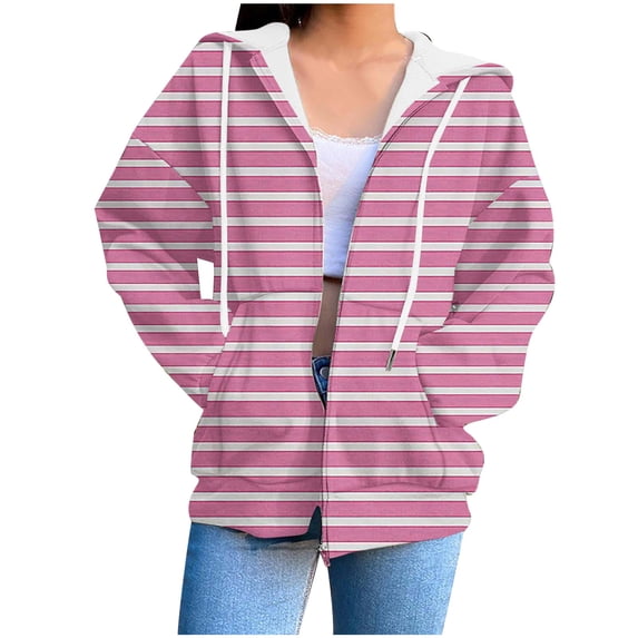 Full Zip Hoodies Women's Striped Printing Hooded Sweatshirts Zippered Cardigan Jackets Fall Casual Soft Hoody Coats Loose Comfortable Outwears with Pocket Going Out Sport Jacket