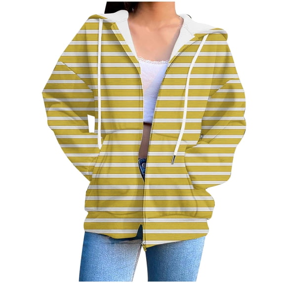 Full Zip Hoodies Women's Striped Printing Hooded Sweatshirts Zippered Cardigan Jackets Fall Casual Soft Hoody Coats Loose Comfortable Outwears with Pocket Going Out Sport Jacket