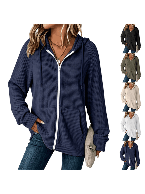Full Zip Up Hoodies Womens Waffle Knit Long Sleeve Sweatshirt Tops Essentials Hoodie Early Fall Fashion Clothes Waffle Knit Long Sleeve Oversized Hooded Tops Jacket Coat for Women