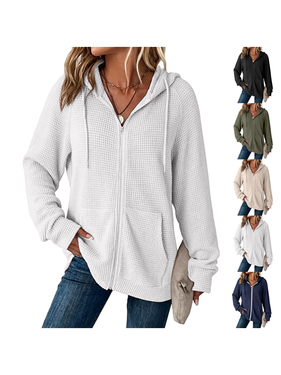 Full Zip Up Hoodies Womens Waffle Knit Long Sleeve Sweatshirt Tops Essentials Hoodie Early Fall Fashion Clothes Waffle Knit Long Sleeve Oversized Hooded Tops Jacket Coat for Women