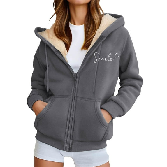 Full Zip Hoodies for Women Fleece Letter Print Thick Warm Stylish Jackets Fall Winter Casual Comfortable Womens Hooded Sweatshirt