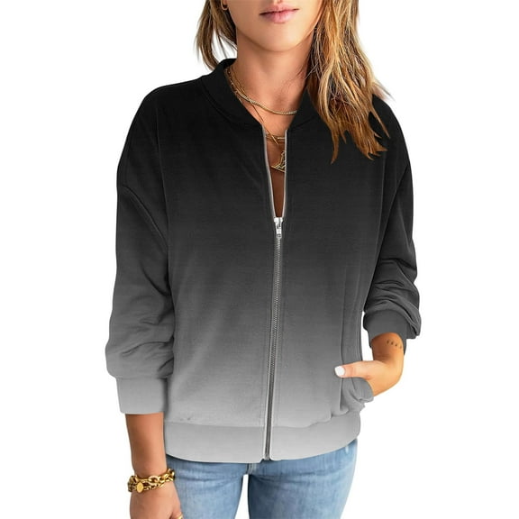 Full Zip Jackets For Women Crew Neck Print Long Sleeve Cardigan Casual Lightweight Stylish Outwear With Pockets (XL, Black)