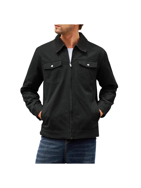 Full Zip Jackets for Men Fall Trendy Casual Cargo Jacket Outwear Lapel Neck Coat with Pockets Fall Spring Winter (2XL, Black)
